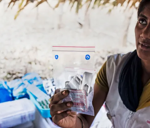 MSF nurse seen dispensing free medications and explaining patients how to take it at the MSF mobile clinic in Pusuguppa, which is a small village in AP along with border of Chhattisgarh. MSF mobile clinic provides free primary health care services which include diagnostic tests, vaccination, malaria and tuberculosis treatment, antenatal and postnatal consultations.